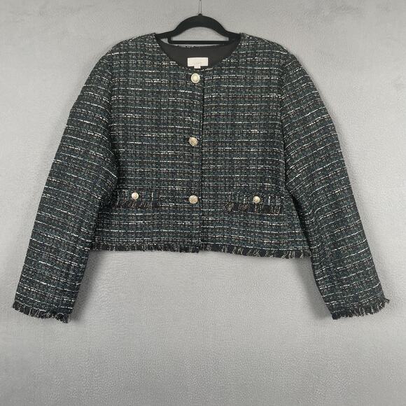 LOFT Jacket Womens XL Black Metallic Tweed Cropped Blazer Gold Button Fringe New - Picture 1 of 8